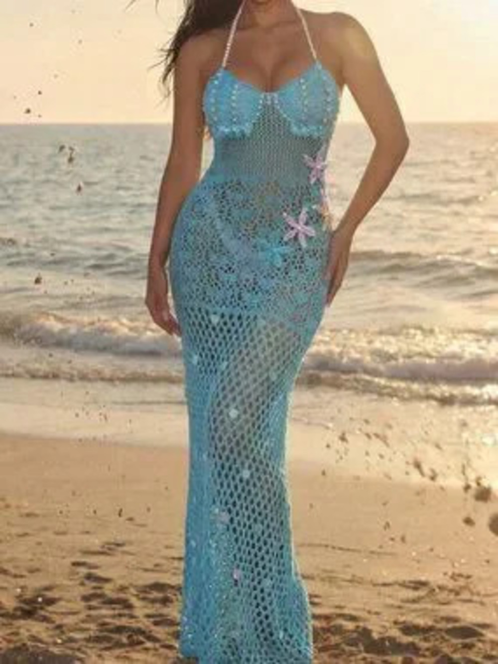 Blue Sexy Women's Mermaid Hollow Crochet Beaded Sequin Sea life Detailed Dress